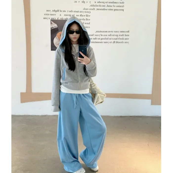 慵懒风连帽撞色拼接长袖卫衣外套女秋季新款显瘦休闲裤长裤两件套