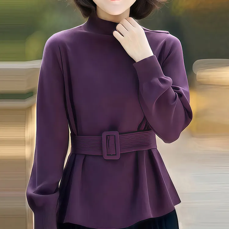 7093韩系时髦气质中高领长袖上衣秋冬女腰带设计感收腰卫衣