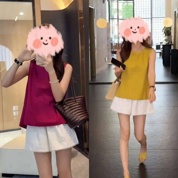 夏季韩版复古中式气质宽松无袖百搭上衣松紧高腰镂空花边短裤套装