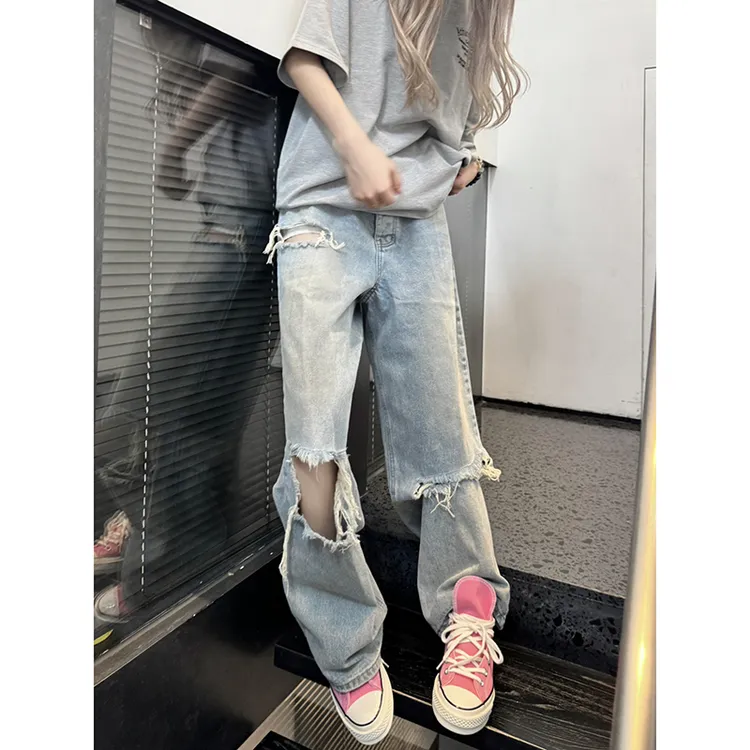 【破价+现货】美式浅色高腰破洞牛仔裤阔腿宽松松弛百搭设计直筒裤
