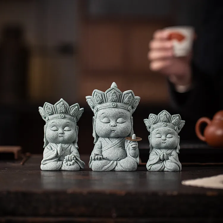 青砂石无语佛小和尚招财福禄桌面摆件创意办公室茶桌茶几装饰品