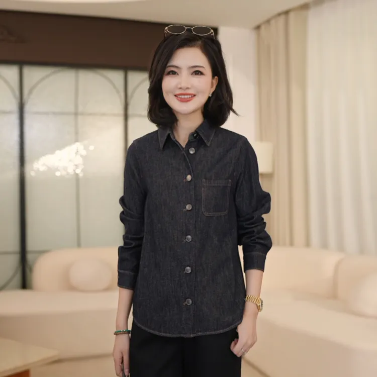 枫竺阿楠anan亚麻莱赛尔翻领单排扣长袖牛仔衬衫外套女秋季上衣