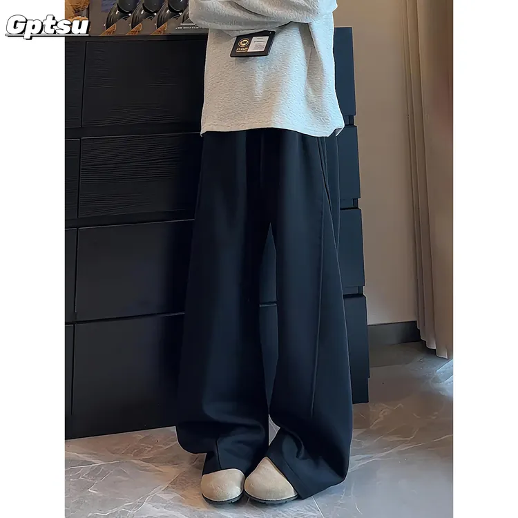 GPTSu黑色美式斜切弯刀卫裤男款秋季垂感慵懒裤子直筒阔腿休闲裤