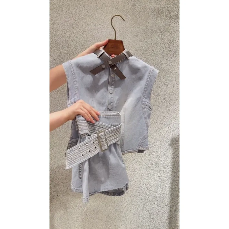 美式复古炸街设计感夏季短款无袖上衣高腰修身显瘦直筒裙裤两件套