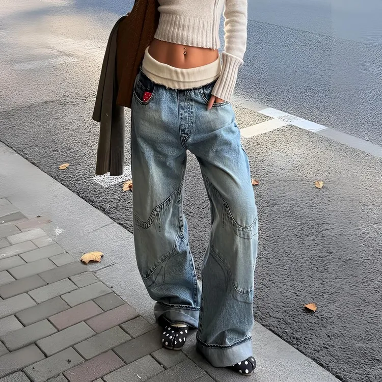 美式复古螺纹腰头阔腿牛仔裤女宽松显瘦秋冬新款长裤
