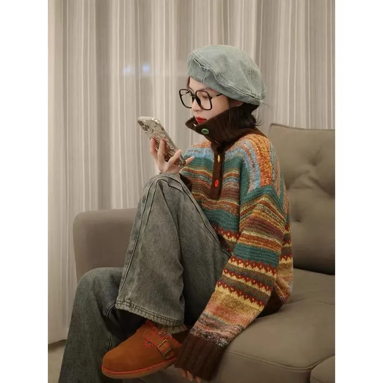 提花费尔岛慵懒复古毛衣女秋冬加厚翻领彩色条纹撞色上衣针织衫