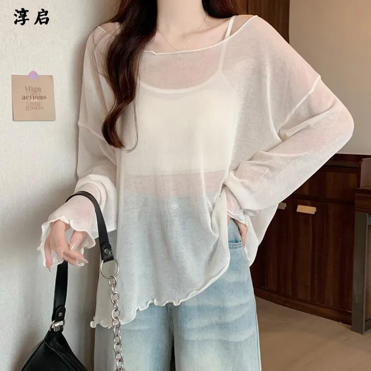 淳启休闲甜美木耳边套头凉爽防晒衫女夏季新款韩版宽松背心外罩衫
