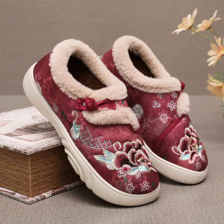 冬季北京布鞋女棉鞋国风绣花鞋新中式保暖防滑妈妈鞋子一脚蹬
