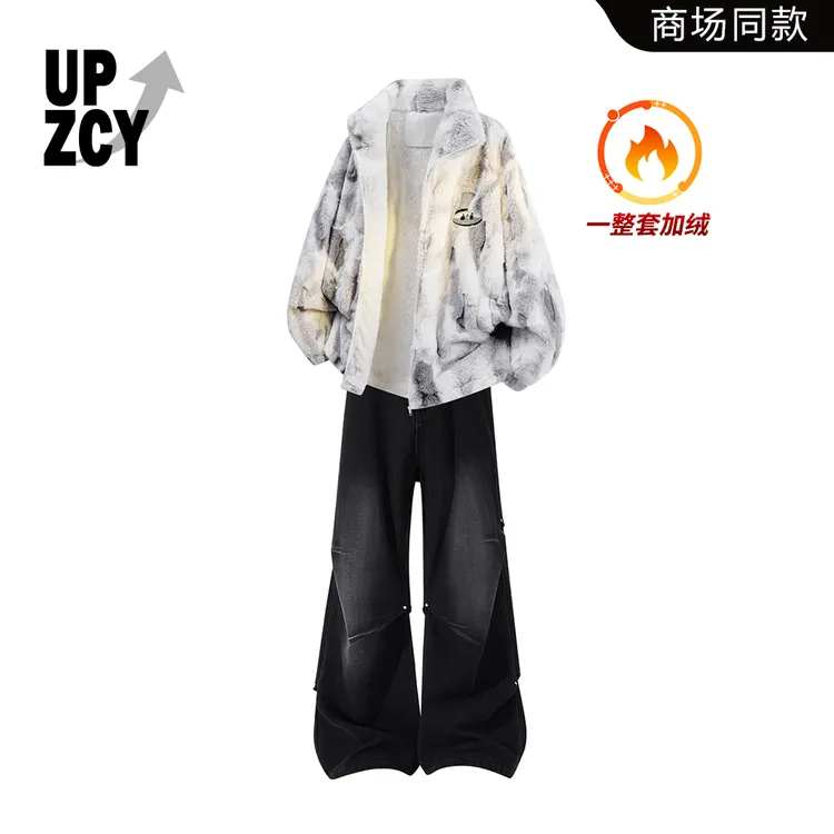 UPZCY美式街潮复古潮流棉服套装2025冬季新款水洗做旧铆钉牛仔裤