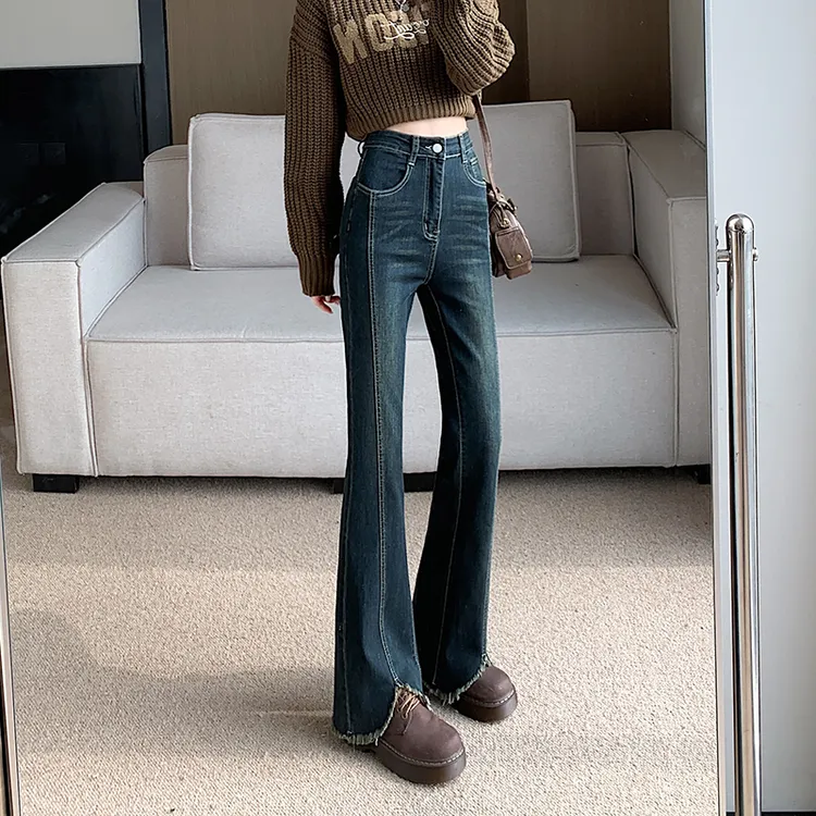 牛仔裤简约休闲超修身大喇叭型长裤春季渐变怀旧色女弹力开叉