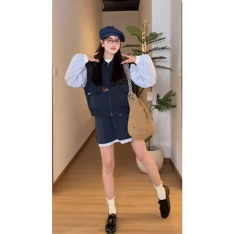 酷飒拽姐穿搭三件套女2025夏新款设计感立领牛仔马甲短袖短裙套装