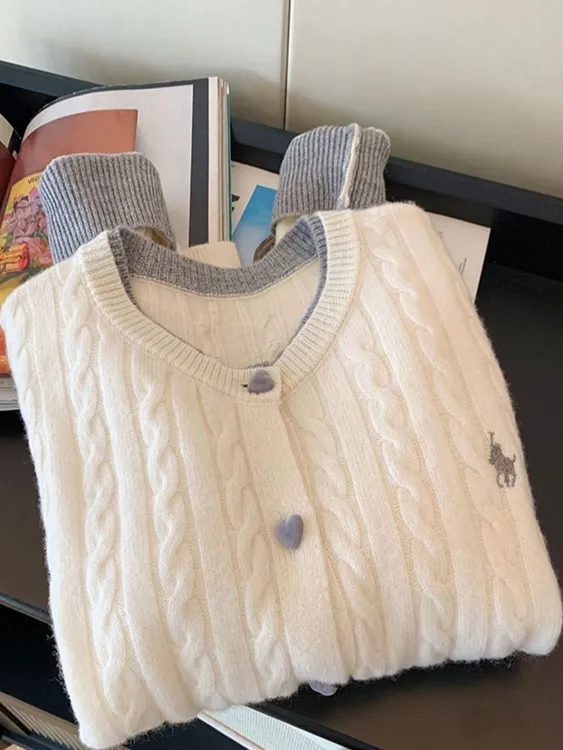 撞色麻花假两件针织开衫女2025春季新款韩版减龄百搭软糯毛衣外套