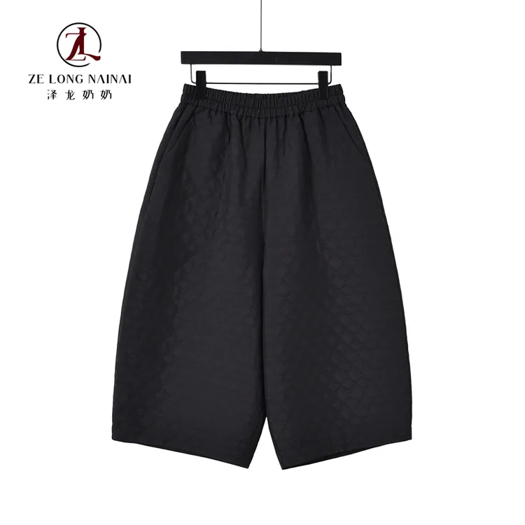 5227菱格薄棉裤女冬季宽松显瘦阔腿裤复古保暖八分裤