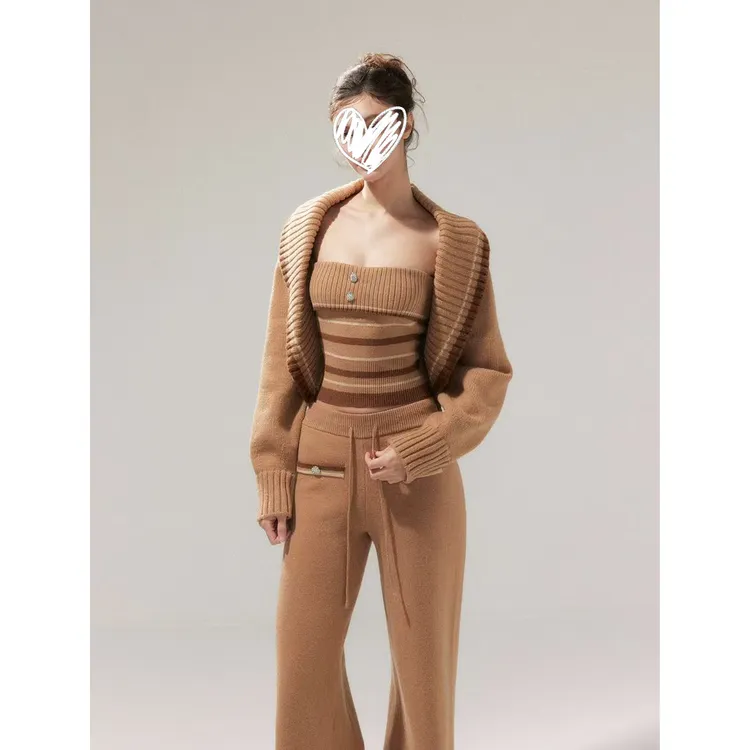 【漫步杏仁棕】慵懒条纹小香大翻领针织开衫裤子套装女Q 5120#