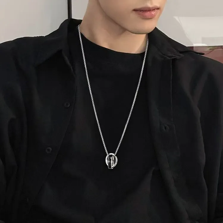 钛钢项链 项链男款双环新款时尚百搭小众设计霸气吊坠卫衣毛衣链
