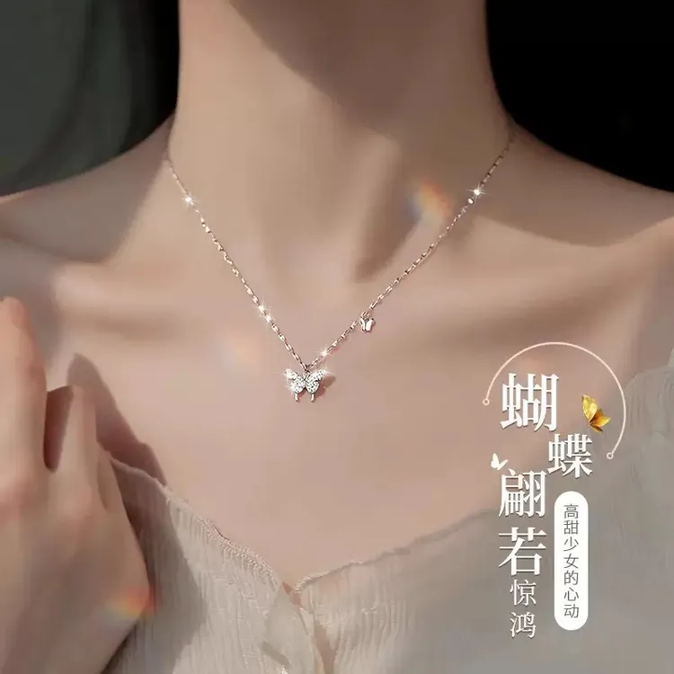 坠链均足银 999银蝴蝶项链女轻奢锁骨链时尚生日礼物情人节送女友