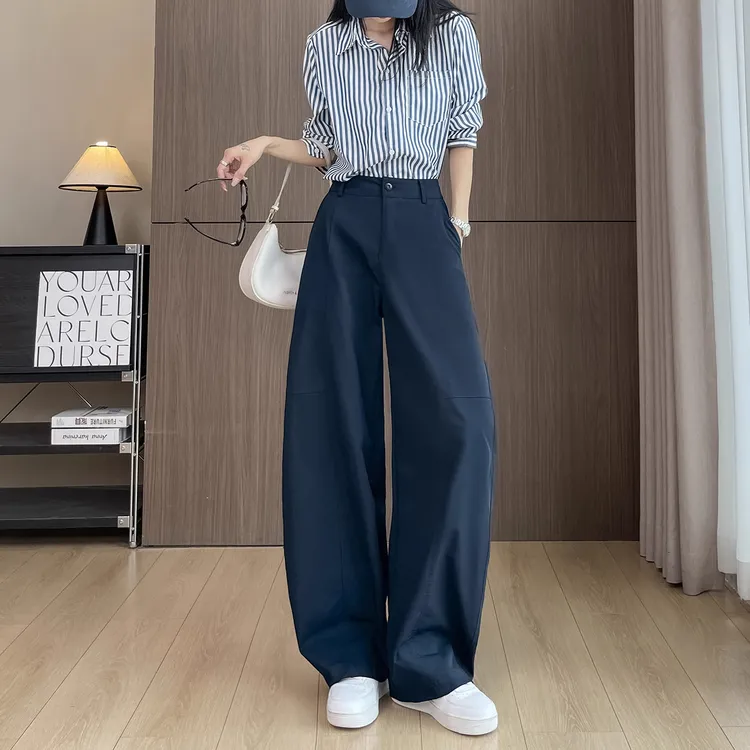 藏蓝色弯刀阔腿裤女秋季2025新款高腰显瘦垂感宽松镰刀阔腿香蕉裤