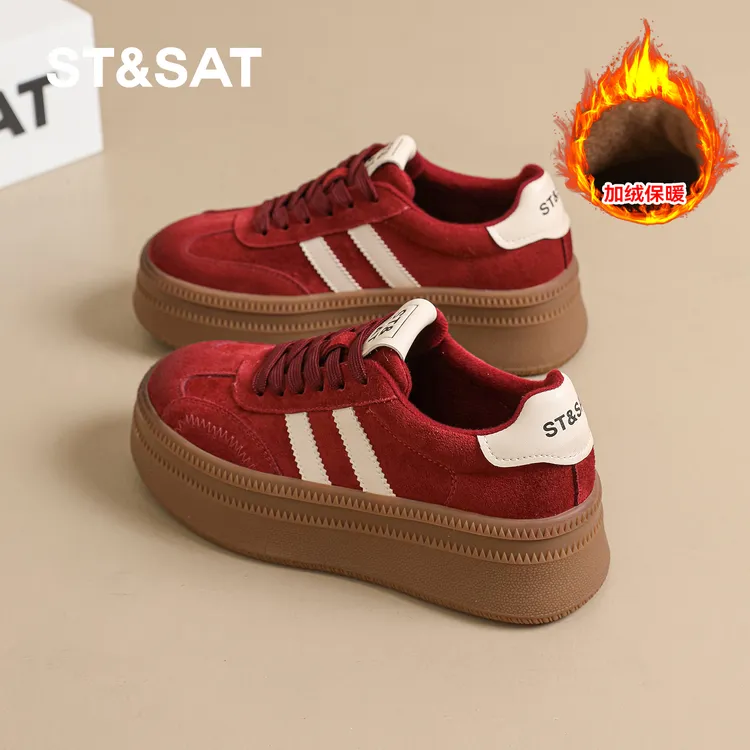 星期六红色经典厚底德训鞋女款2025秋冬新款加绒户外休闲运动板鞋