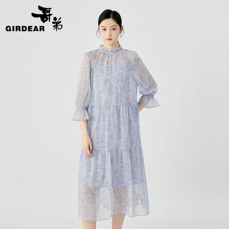 GIRDEAR/哥弟「公主裙花房」法式减龄木耳领印花连衣裙附内衬150008