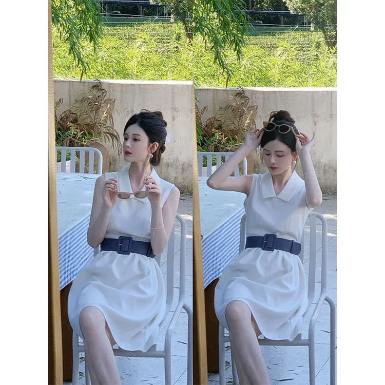 【中古赫本裙】夏季新款法式名媛风高级感翻领连衣裙收腰显瘦短裙女