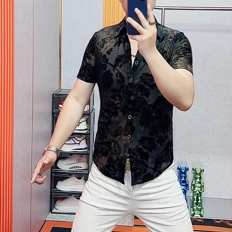 阿伟家男士夏季高品质新款百搭衬衫短袖青年个性薄款植绒时尚潮流