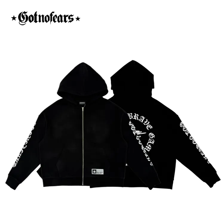 GOTNOFEARS哥特铭文印花涂鸦星标拉链廓形秋冬休闲时尚连帽衫