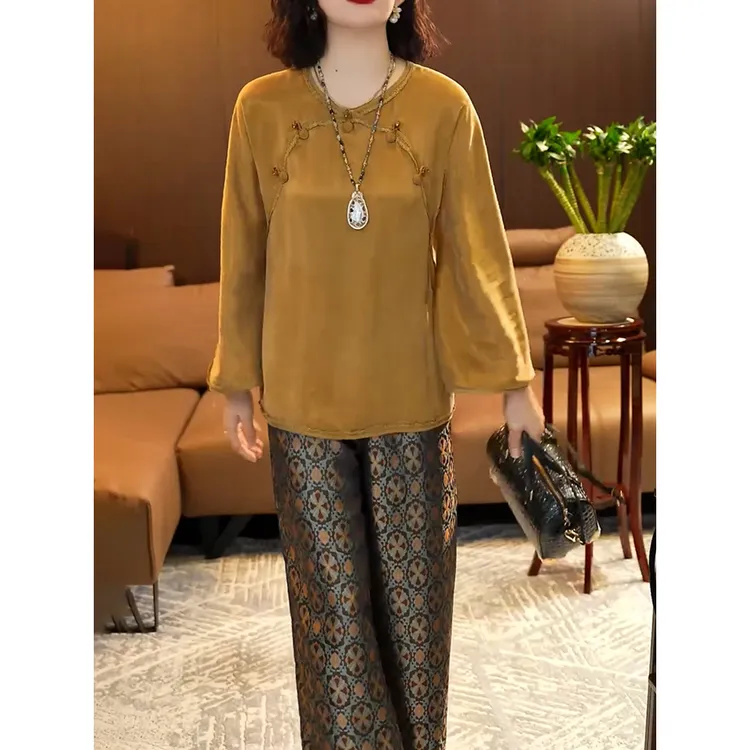 新中式气质减龄裤套装女2025秋季新款国风圆领百搭衬衫+印花裤子