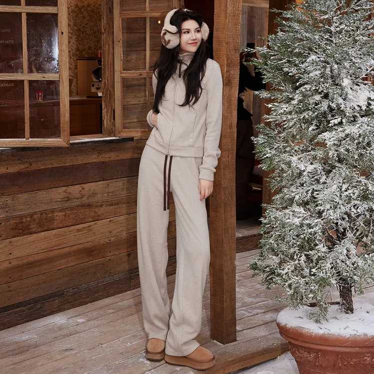 欧货休闲运动套装女秋冬韩版粉色加绒连帽卫衣拉链开衫长裤两件套