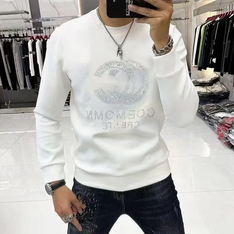 欧洲站高端卫衣t恤男2025秋冬潮牌潮修身长袖圆领烫钻男士上衣潮t