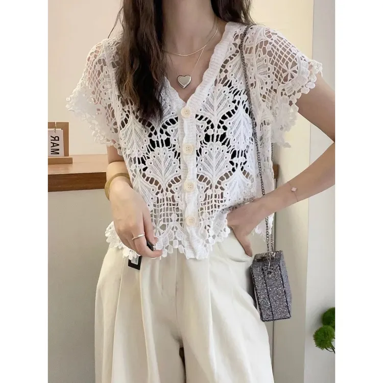 重工雕花镂空短袖上衣女欧洲站夏季新款设计感潮衫喇叭袖POLO领单