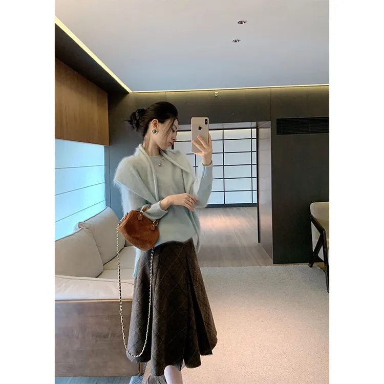 2025甜美洋气时尚休闲百搭小众长袖上衣两件套高腰a字半身裙套装