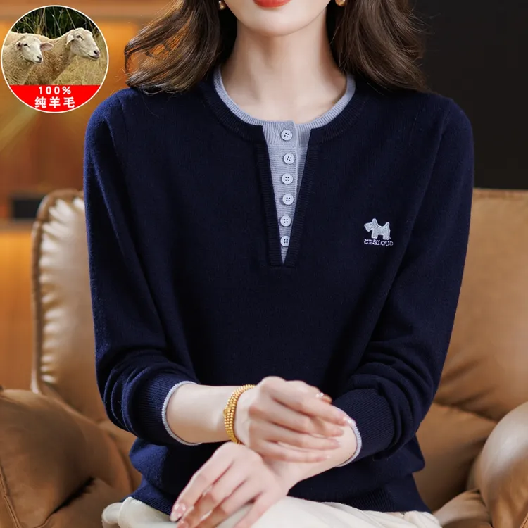 秋冬新款妈妈100%纯羊毛衫中老年女士洋气宽松圆领假两件打底毛衣