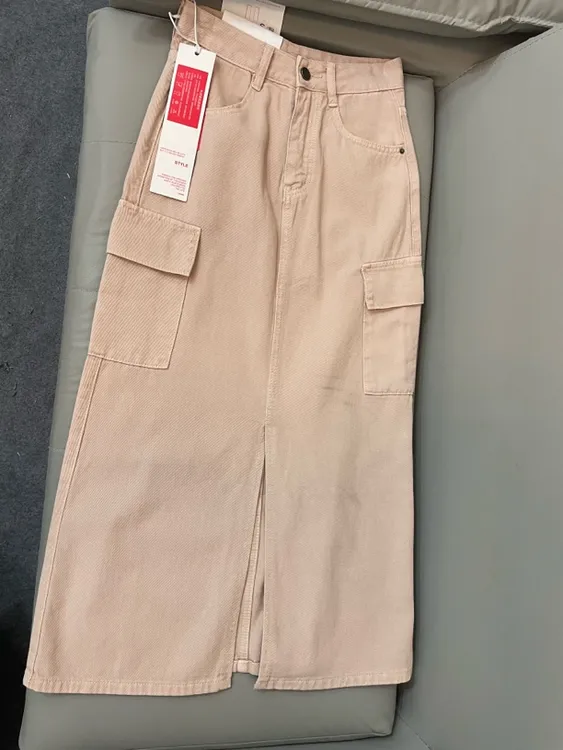 113#高品质粉色工装半身长裙