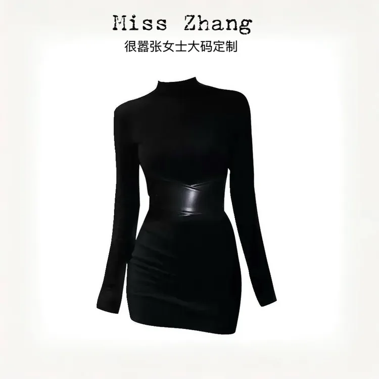 黑色小众气质长袖短裙秋季新款性感百搭显瘦高领包臀裙收腰连衣裙