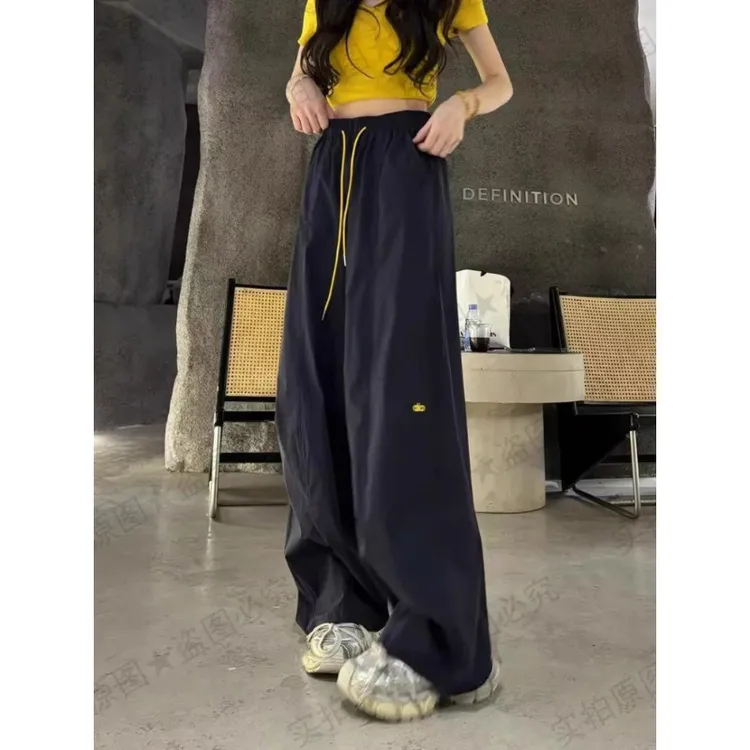大码300斤美式复古速干阔腿裤女春夏薄款高腰垂感直筒休闲工装裤