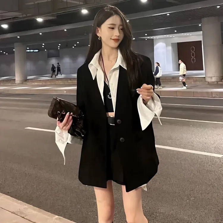 两件套 韩版女新款拼接假两件西装外套+送腰带拼接裙裤ins风套装