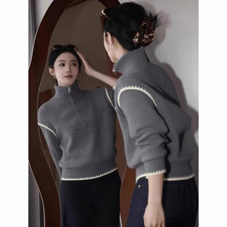韩版气质高级感半拉链针织衫女秋冬新款宽松慵懒风百搭显瘦毛衣潮