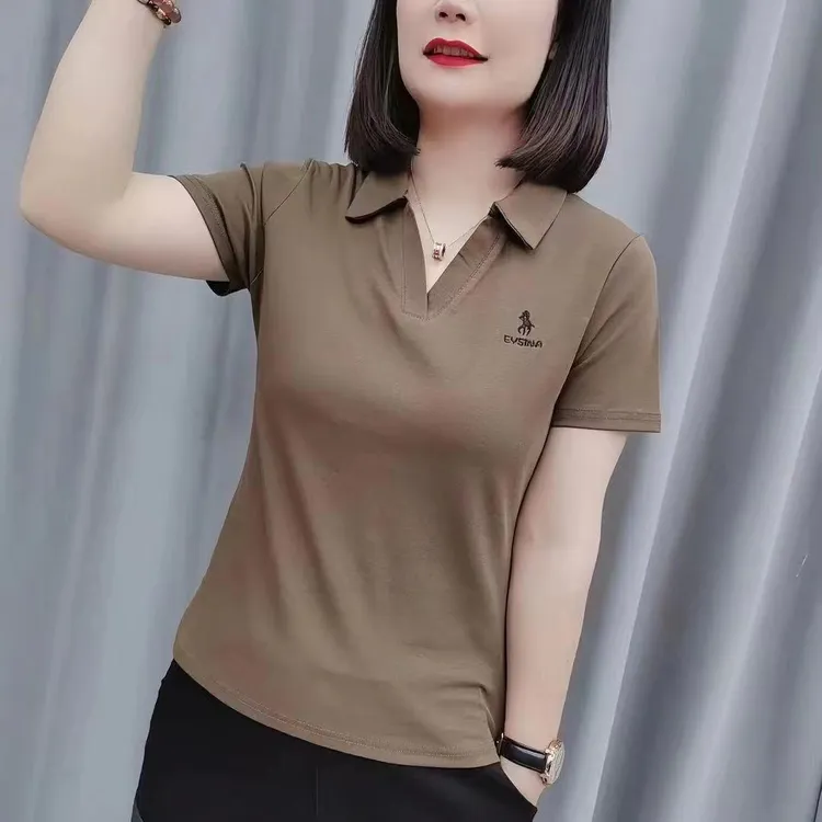 2025新款短袖t恤女夏季休闲百搭大码翻领显瘦简约运动纯色半袖衫