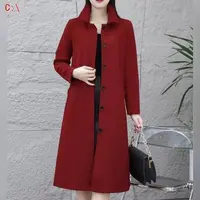 11180-早秋新款妈妈装过膝大衣外套中老年女春秋季中长风衣开衫