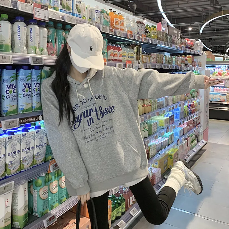 早秋灰色连帽卫衣女秋冬韩版休闲印花宽松百搭加绒加厚慵懒风上衣