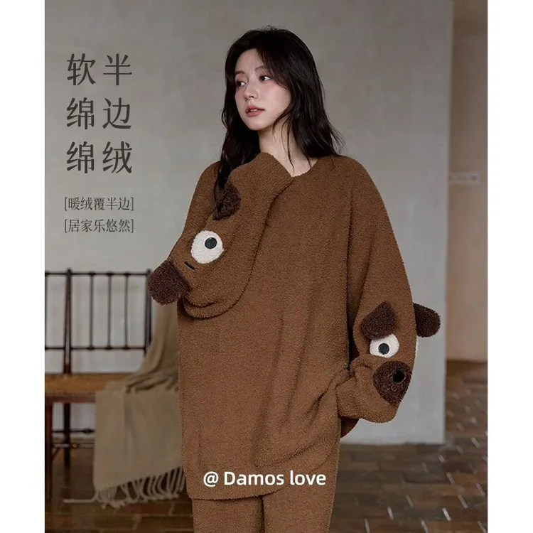 黛梦思半边绒睡衣女冬季加厚保暖珊瑚绒家居服甜美可外穿大码套装