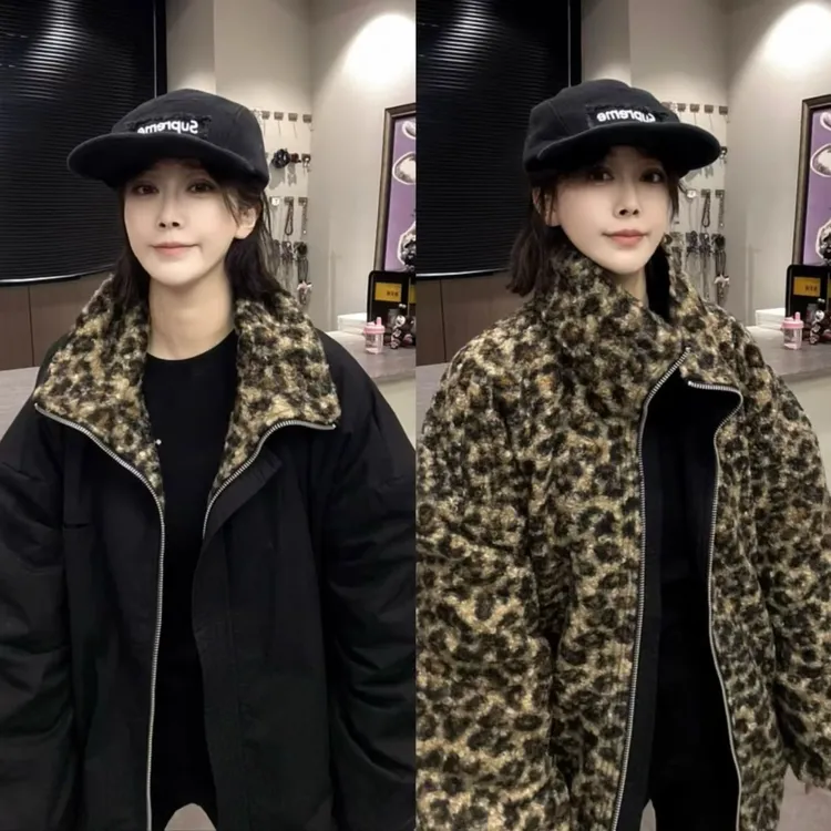 胖MM翻领拉链豹纹两面穿棉服加肥大码女装冬季款宽松百搭保暖外套