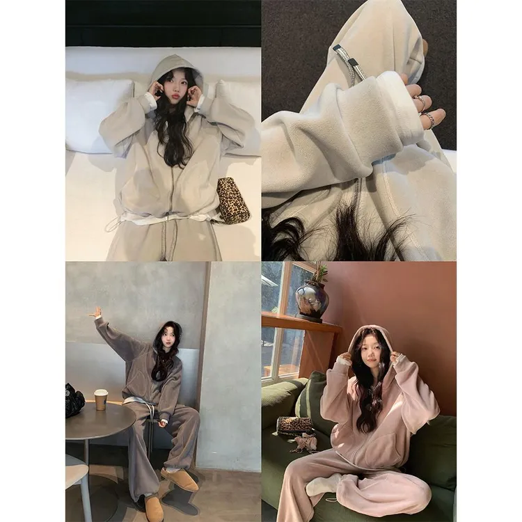 张贝贝ibell双面糯米绒韩系懒人两件套女连帽卫衣外套+绒感休闲裤