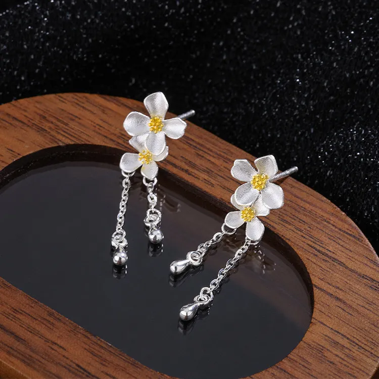 足银珐琅耳饰 银9999描金栀子花耳钉小清新淡雅简约花朵超仙长款