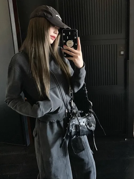 高克重全棉立裁重工水洗卫衣套装女2025秋冬新款工装阔腿裤两件套
