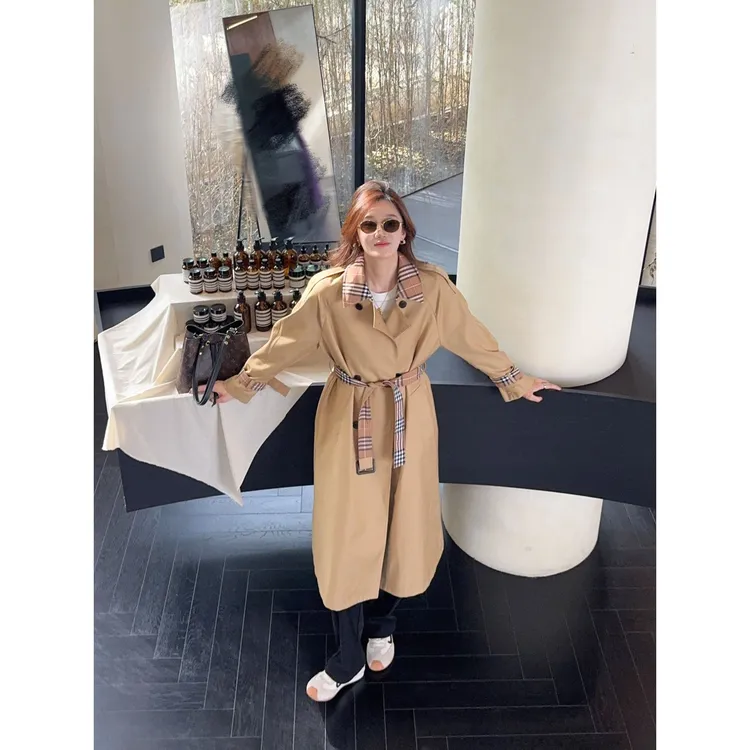 祝喜喜【格纹经典风衣】韩版时尚显瘦格纹翻领风衣中长款复古港风