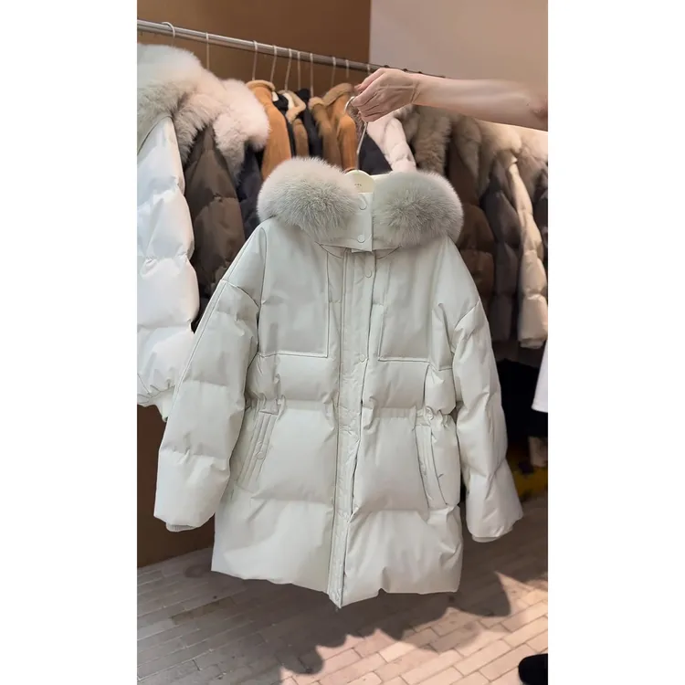 2025女冬季新款韩系时尚百搭中长款宽松收腰显瘦加厚连帽棉服外套