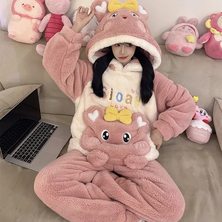 睡衣女冬季加厚珊瑚绒长毛绒加绒保暖卡通连帽套装新款冬天家居服