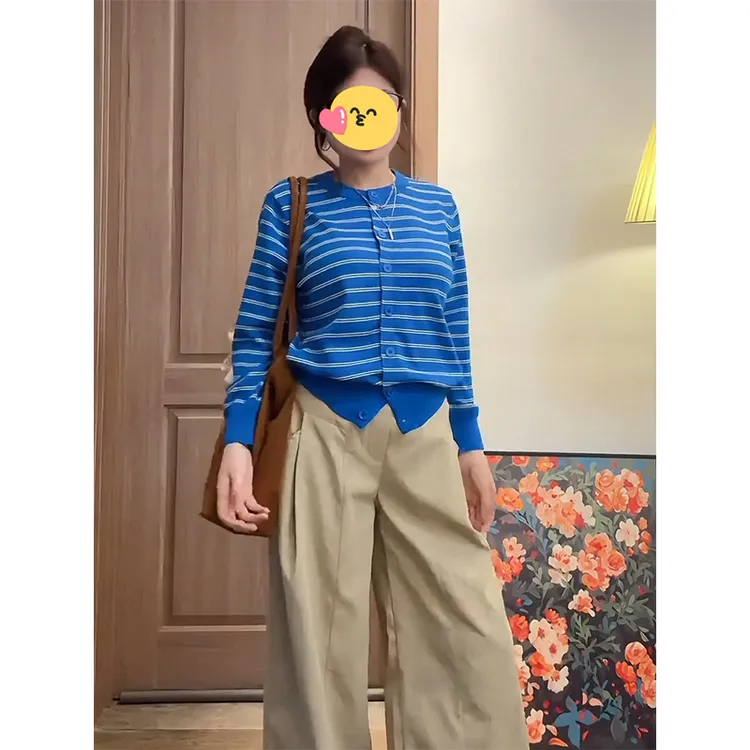 韩版条纹上衣秋季针织开衫设计感长袖圆领新款舒适减龄法式高级感