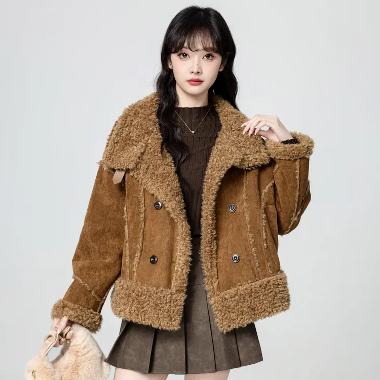 棕色复古麂皮绒外套女冬2025冬季新款皮毛一体加厚羊羔毛开衫上衣